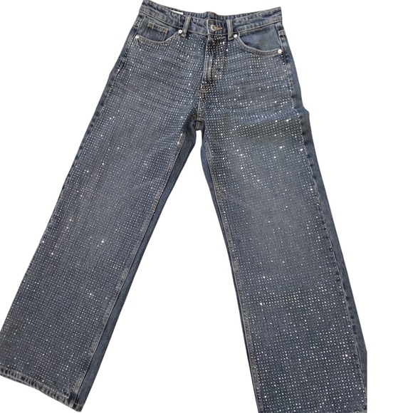 Zara Denim - Zara Rhinestone Embellished Wide Leg Jeans Blue Denim High Rise Size 2 8197/217